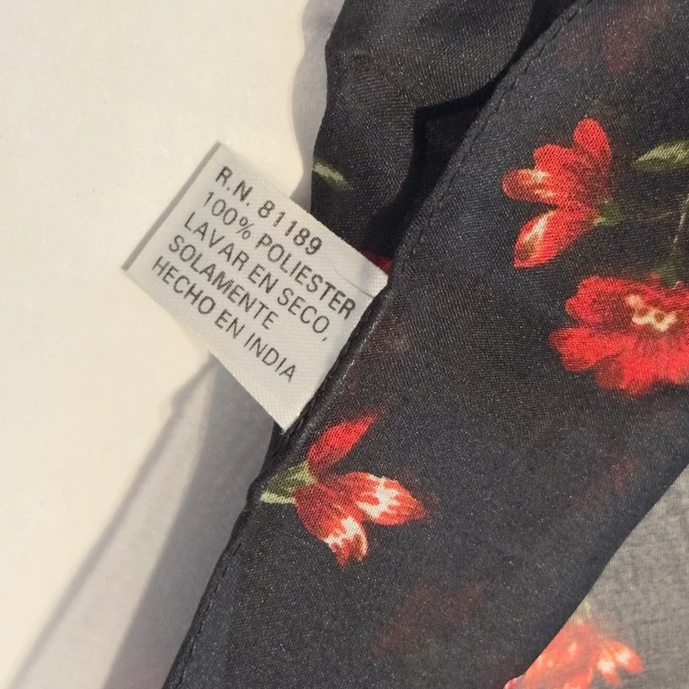 Floral Sheer Square Scarf Black Red Rose Print Lightweight India Cottagecore VTG